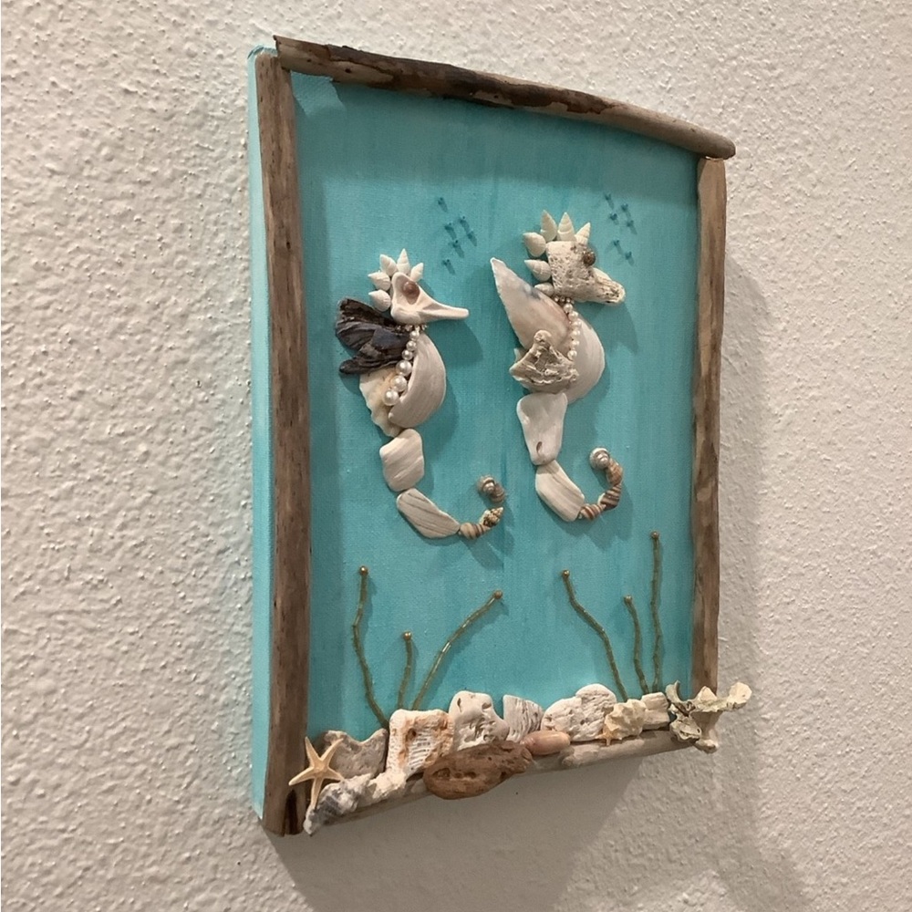 Driftwood Art, Seashell Jeweled Seahorses, Jeweled Seahorses Art, Coastal Art - Picture 3 of 8